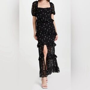 Wayf Tiered Maxi Dress Size Medium Ditsy Floral Black Square Neck  Puff Sleeve